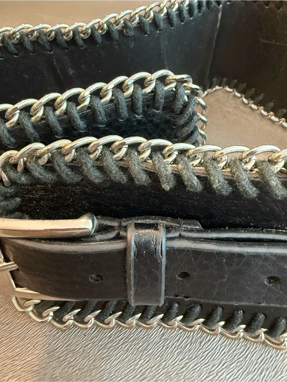 Black Leather womens Chain-Trim Belt